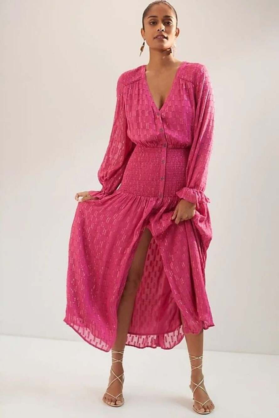 by Anthropologie Fuchsia Pink Metallic Striped Smocked V-Neck Maxi Dress